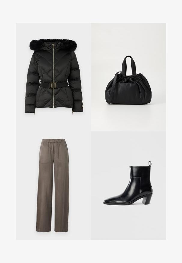 Jachetă puffer neagră, matlasată, cu fermoar frontal, talie accesorizată cu curea, glugă cu trim de blană și manșete cu fermoar pe mâneci lungi.; Pulover tricotat cu guler înalt, de culoare crem, cu mâneci lungi și manșete și tiv cu nervuri, prezentat pe un fundal alb simplu.; Cămașă albă cu mâneci lungi, de tip V, cropped, cu un design ajustat și manșete largi, expusă pe un fundal simplu.; Pantaloni largi, de culoare gri închis, confecționați dintr-un material neted. Au o talie elastică și un design lejer pentru confort.; Cizme negre din piele până la gleznă, cu vârful ascuțit, toc geometric patrulat și un manșon pentru tragere în spate. Textură netedă și design elegant.; Geantă de mână din piele neagră cu un design cu partea superioară plisată, având două mânere scurte și o curea lungă ajustabilă. Textură netedă, formă rotunjită.