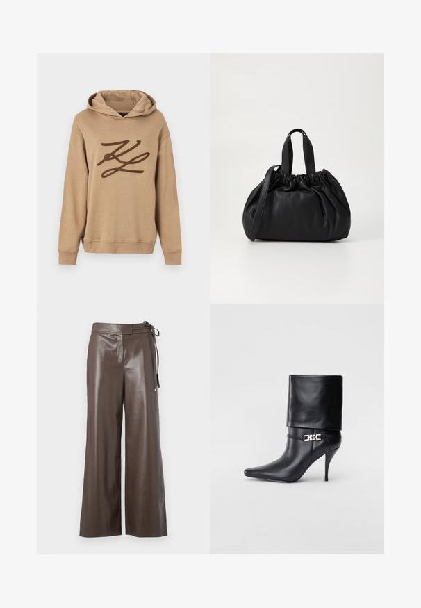 Melna kvilētā pūkainā jaka ar priekšējo rāvējslēdzēju, jostu viduklī, kapuci ar kažokādas apdari un rāvējslēdzēja aprocēm garajām piedurknēm.; Kasta kapuce, kas izgatavota no mīksta auduma, ar lielu brūnu logotipu priekšpusē un kengura kabatu. Ietver izvelkamu kapuci un ribotācijas aproces.; Balta garo piedurkņu V-veida kakla krūtis krekls ar pieguļošu dizainu un plašiem aproces, kas izstādīts uz vienkārša fona.; Brūnas mākslīgās ādas platās kājas bikses ar augstu jostasvietu un sānu saiašu detaļu uz baltā fona.; Melnas ādas potīšu zābaki ar smailu purngalu, augstu stiletto papēdi, salocītu aproci un zeltītu dekoratīvu sprādzi uz potītes.; Melnas ādas rokassomu ar savākta augšdaļa dizainu, kas aprīkota ar divām īsām rokturiem un garu regulējamu siksnu. Gluda tekstūra, noapaļota forma.