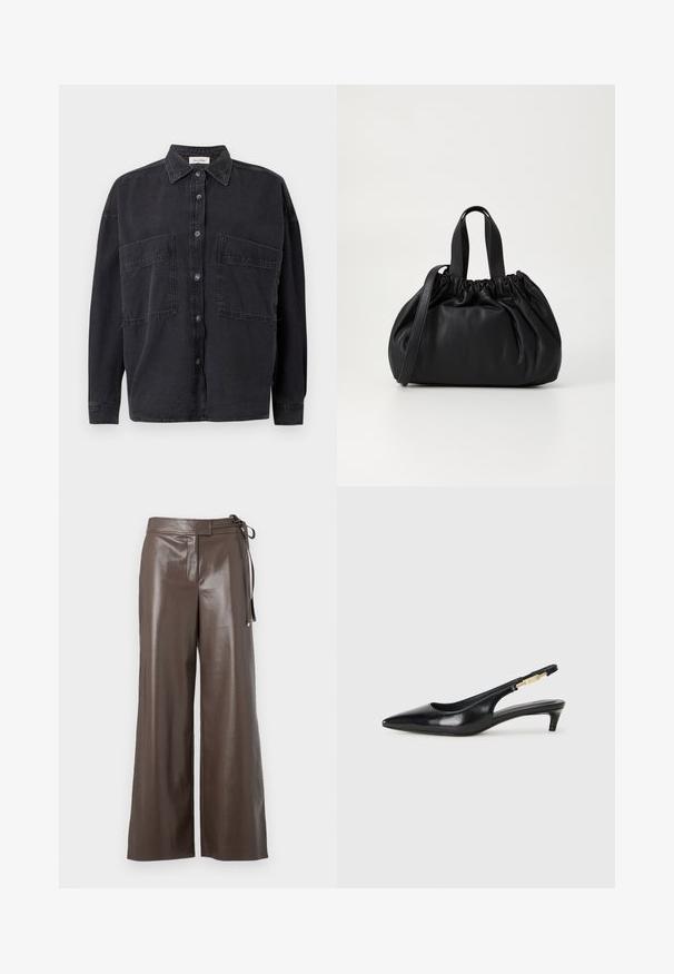 Juodas siuvinėtas pūkinis švarkas su priekiniais užtrauktukais, diržo juosmeniu, kailiniu apvadu ant gobtuvo ir užtrauktukais ilgose rankovėse.; Juodasis džinsinis marškinis su apykakle, dviem priekinėmis kišenėmis ir užsegimu sagomis. Turi ilgus rankovius ir laisvą siluetą.; Balta ilga rankovė V formos iškirpte trumpinta marškiniai su prigludusia forma ir plačiomis rankovėmis, išdėstyti ant vientiso fono.; Rudos dirbtinės odos plačios kelnės su aukštu juosmeniu ir šoninėmis raišteliais ant balto fono.; Juodas odinis pavasario batelių modelis su smailiu nosiu, turintis siaurą kulniuką ir auksinės spalvos akcentu reguliuojamoje juostoje. Lygi tekstūra.; Juoda odinė rankinė su susiraukšlėjusiu viršumi, su dviem trumpomis rankenėlėmis ir ilga reguliuojama juosta. Lygus paviršius, apvalios formos.