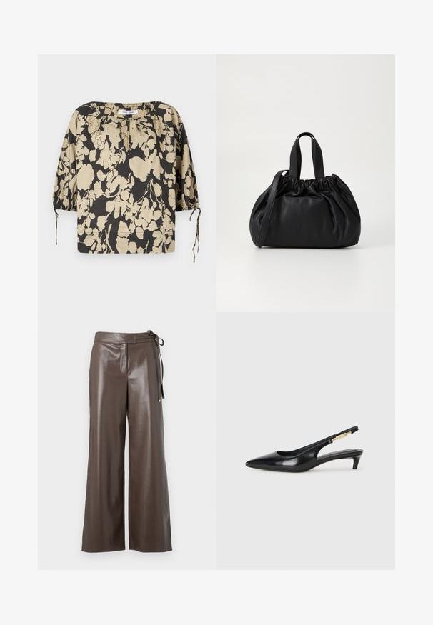 Veste matelassée noire avec zip frontal, taille ceinture, capuche avec fourrure et poignets zippés sur les manches longues.; Blouse à fleurs noire et beige avec une coupe décontractée, un col rond et des manches bouffantes. Dotée de liens au niveau du col et de poignets élastiques.; Chemisier court blanc à manches longues, col en V, au design ajusté et aux larges poignets, présenté sur un fond uni.; Pantalons larges en simili cuir marron avec taille haute et détail de lien sur le côté, sur fond blanc.; Talons hauts en cuir noir avec un bout pointu, dotés d'un talon fin et d'un accent en ton or sur la lanière réglable. Texture lisse.; Sac à main en cuir noir avec un design à haut froncé, doté de deux poignées courtes et d'une bandoulière longue et réglable. Texture lisse, forme arrondie.