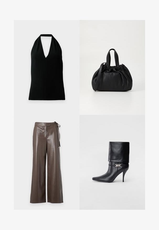 Fekete steppelt pufajka elöl cipzárral, övvel a deréknál, prémes kapucnival és cipzáros mandzsettával a hosszú ujjakon.; Fekete ujjatlan, nyakpántos felső, mély V-nyakkivágással és hátsó pánttal, fehér háttér előtt bemutatva.; Barna műbőr, széles szárú nadrág magas derékkal és oldalsó kötőfélével, fehér háttér előtt.; Fekete bőr bokacsizma hegyes orral, magas stiletto sarokkal, hajtott szegéllyel és arany díszcsattal a bokán.; Fekete bőr kézitáska, összegyűrt felső dizájnnal, két rövid fülekkel és egy hosszú, állítható pánttal. Simább textúra, lekerekített forma.