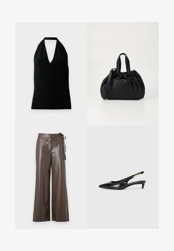 Black quilted puffer jacket with front zipper, belted waist, fur-trimmed hood, and zippered cuffs on long sleeves.; Black sleeveless halter top with a deep V-neck and back strap, displayed on a white background.; Brown faux leather wide-leg pants with high waist and side tie detail on a white background.; Black leather slingback heels with a pointed toe, featuring a slim heel and a gold-tone accent on the adjustable strap. Smooth texture.; Black leather handbag with a gathered top design, featuring two short handles and a long adjustable strap. Smooth texture, rounded shape.