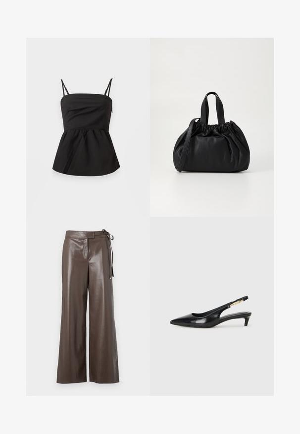 Czarna pikowana kurtka puchowa z zamkiem z przodu, paskiem w talii, kapturem wykończonym futrem oraz zamkiem błyskawicznym przy długich rękawach.; Czarny top peplum z regulowanymi ramiączkami spaghetti, gładką teksturą, dopasowanym stanem, rozszerzanym dołem i bez widocznych elementów metalowych.; Brązowe szerokie spodnie z imitacji skóry z wysokim stanem i szczegółem w postaci wiązania po boku na białym tle.; Czarne skórzane szpilki typu slingback z ostrym noskiem, posiadające smukły obcas i złoty akcent na regulowanym pasku. Gładka tekstura.; Czarna skórzana torebka z zebranym wykończeniem, z dwoma krótkimi uchwytami i długim regulowanym paskiem. Gładka tekstura, zaokrąglony kształt.