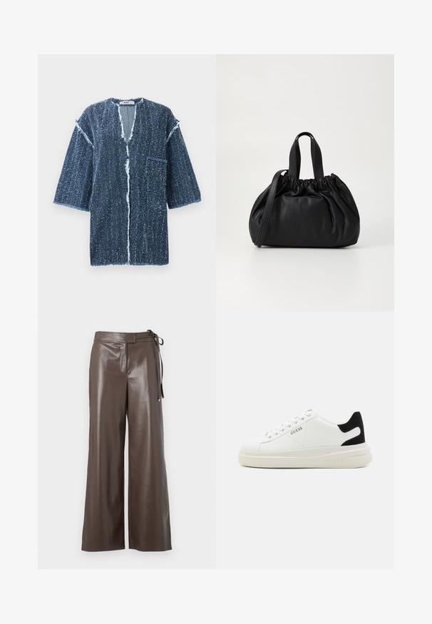 Veste matelassée noire avec zip frontal, taille ceinture, capuche avec fourrure et poignets zippés sur les manches longues.; Veste courte à manches courtes, en bleu foncé texturé, avec un décolleté en V, des bords effilochés, une poche avant et une coupe ample. Conçue avec un devant ouvert.; Chemisier court blanc à manches longues, col en V, au design ajusté et aux larges poignets, présenté sur un fond uni.; Pantalons larges en simili cuir marron avec taille haute et détail de lien sur le côté, sur fond blanc.; Baskets en cuir blanc avec une épaisse semelle blanche, un accent en daim noir au niveau du talon et un logo embossé sur le côté. Design à lacets avec six œillets.; Sac à main en cuir noir avec un design à haut froncé, doté de deux poignées courtes et d'une bandoulière longue et réglable. Texture lisse, forme arrondie.