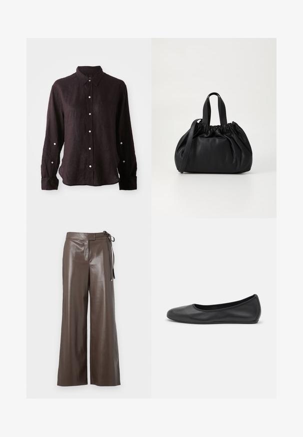 Must ruudeline puffer jakk musta, ees nupudega, vööga talje, karvadega ääristatud kapuuts ja pikadel varrukatel lukuga mansetid.; Tume, pika varrukaga särk kerge linast, millel on nööpidega esiosa, terav krae ja üks rinnaempts. Hõbedased nööbid.; Pruun faux nahast laiad püksid kõrge vöökohaga ja külje sidumisega valgel taustal.; Musthave mustika tantsutossud mustast nahast, ümmarguse varbaga, siledast tekstuurist, minimaalse õmblusdetailiga ja paindliku tallakujundusega.; Mustmust mustkott mustrihmaga ülaosa disainiga, millel on kaks lühikest käepidet ja pikk reguleeritav rihm. Sile tekstuur, ümar kuju.