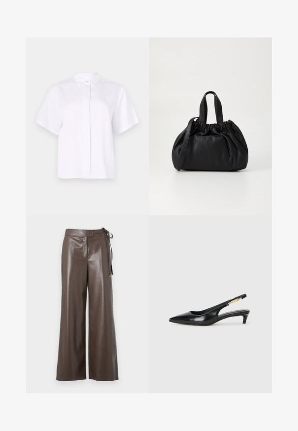 Black quilted puffer jacket with front zipper, belted waist, fur-trimmed hood, and zippered cuffs on long sleeves.; Short-sleeved white shirt made from smooth fabric, featuring a pointed collar and a button placket with a green accent button.; White long-sleeve V-neck cropped shirt with a fitted design and wide cuffs displayed on a plain background.; Brown faux leather wide-leg pants with high waist and side tie detail on a white background.; Black leather slingback heels with a pointed toe, featuring a slim heel and a gold-tone accent on the adjustable strap. Smooth texture.; Black leather handbag with a gathered top design, featuring two short handles and a long adjustable strap. Smooth texture, rounded shape.