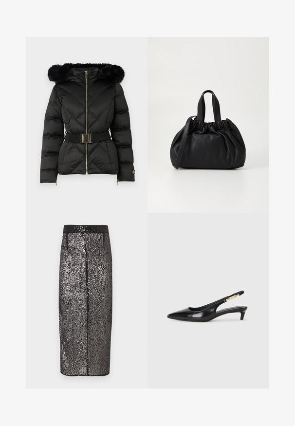 Czarna pikowana kurtka puchowa z zamkiem z przodu, paskiem w talii, kapturem wykończonym futrem oraz zamkiem błyskawicznym przy długich rękawach.; Biała, długosleeve bluzka typu V-neck z krótkim krojem, o dopasowanym fasonie i szerokimi mankietami, wyeksponowana na jednolitym tle.; Czarna ołówkowa spódnica z cekinów o gładkiej fakturze, długość do kolan, z dopasowanym paskiem w talii i bocznymi kieszeniami. Błyszcząca, refleksyjna powierzchnia.; Czarne skórzane szpilki typu slingback z ostrym noskiem, posiadające smukły obcas i złoty akcent na regulowanym pasku. Gładka tekstura.; Czarna skórzana torebka z zebranym wykończeniem, z dwoma krótkimi uchwytami i długim regulowanym paskiem. Gładka tekstura, zaokrąglony kształt.