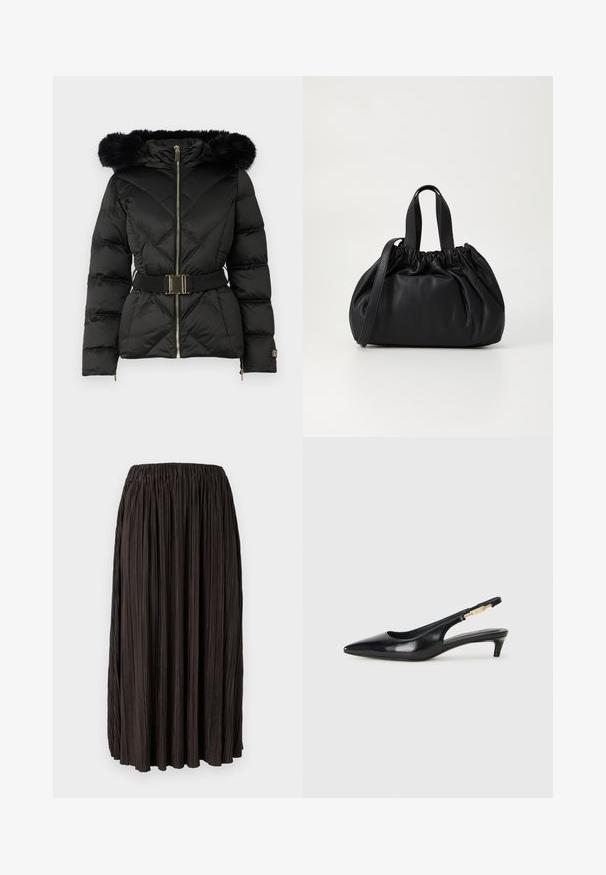 Zwarte gewatteerde pufferjack met een ritssluiting aan de voorkant, een ceintuur in de taille, een capuchon met bontafwerking en ritssluitingen op de lange mouwen.; Witte langlopende V-hals cropped shirt met een fitted design en brede manchetten, getoond tegen een effen achtergrond.; Plissélange zwarte rok met een elastische tailleband, gemaakt van lichtgewicht stof. Kenmerkt zich door verticale plooien over het hele oppervlak, zonder extra accenten.; Zwarte leren slingback hakken met een spitse neus, voorzien van een slanke hak en een goudkleurige accent op de verstelbare band. Gladde textuur.; Zwarte leren handtas met een geplooid ontwerp aan de bovenkant, voorzien van twee korte handvatten en een lange verstelbare schouderband. Gladde textuur, ronde vorm.