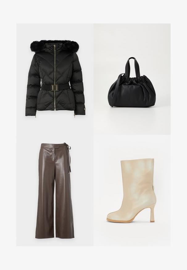 Black quilted puffer jacket with front zipper, belted waist, fur-trimmed hood, and zippered cuffs on long sleeves.; White long-sleeve V-neck cropped shirt with a fitted design and wide cuffs displayed on a plain background.; Brown faux leather wide-leg pants with high waist and side tie detail on a white background.; Beige leather ankle boot with a glossy finish, almond toe, and stiletto heel. Features a smooth texture and minimalist design.; Black leather handbag with a gathered top design, featuring two short handles and a long adjustable strap. Smooth texture, rounded shape.