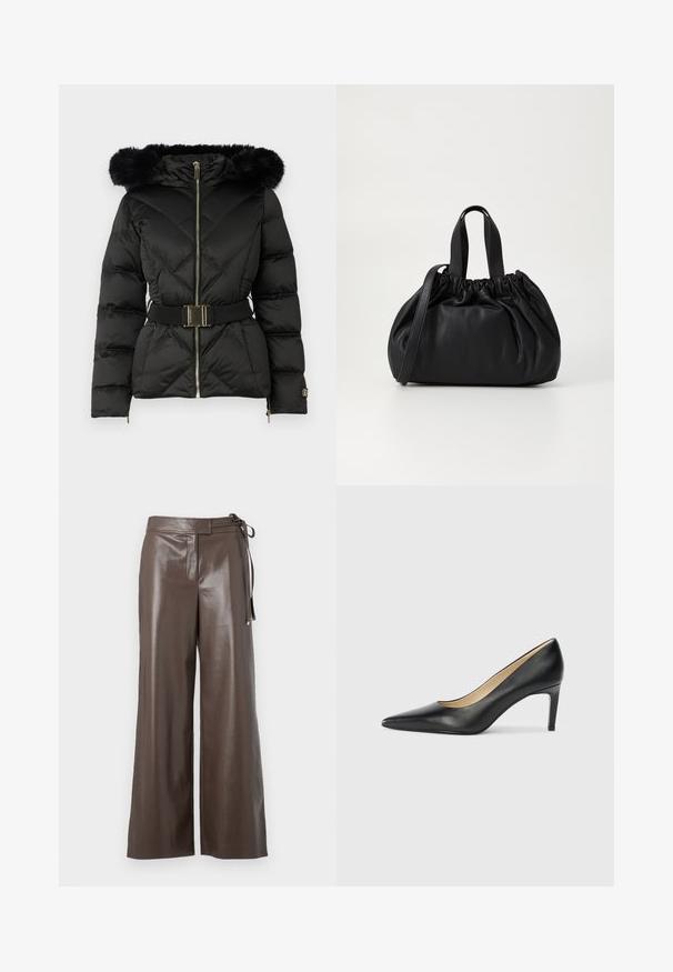 Black quilted puffer jacket with front zipper, belted waist, fur-trimmed hood, and zippered cuffs on long sleeves.; White long-sleeve V-neck cropped shirt with a fitted design and wide cuffs displayed on a plain background.; Brown faux leather wide-leg pants with high waist and side tie detail on a white background.; Black leather high-heeled pump with a pointed toe and slim heel, featuring a smooth texture and neutral interior lining.; Black leather handbag with a gathered top design, featuring two short handles and a long adjustable strap. Smooth texture, rounded shape.