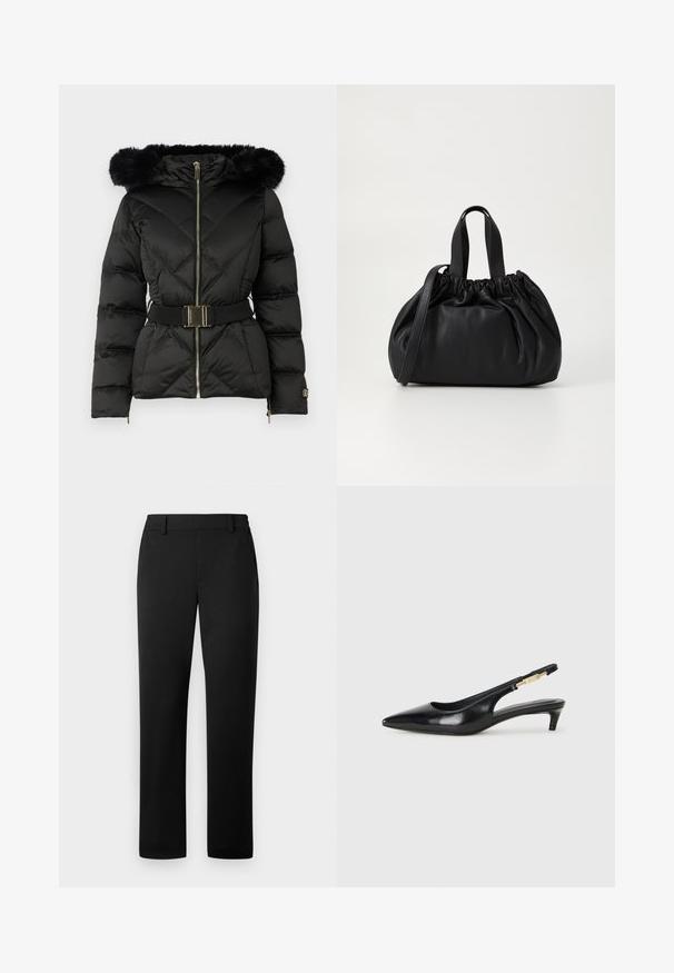 Schwarze gesteppte Daunenjacke mit Frontreißverschluss, tailliertem Gürtel, pelzbesetzter Kapuze und mit Reißverschluss versehenen Bündchen an den langen Ärmeln.; Weißes langärmliges V-Ausschnitt-Cropped-Shirt mit taillierter Passform und breiten Manschetten, präsentiert vor einem einfarbigen Hintergrund.; Schwarze Hose mit geradem Bein, aus einem glatten Stoff gefertigt, mit tailliertem Bund und vorderen Taschen.; Schwarze Leder-Slingback-Pumps mit spitzem Schuhblatt, ausgestattet mit einem schlanken Absatz und einem goldfarbigen Akzent am verstellbaren Riemen. Glatte Textur.; Schwarze Lederhandtasche mit einem gerafften Oberteil, ausgestattet mit zwei kurzen Griffen und einem langen verstellbaren Schulterriemen. Glatte Textur, runde Form.