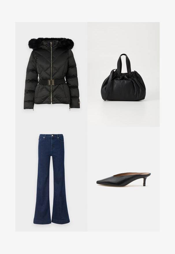 Schwarze gesteppte Daunenjacke mit Frontreißverschluss, tailliertem Gürtel, pelzbesetzter Kapuze und mit Reißverschluss versehenen Bündchen an den langen Ärmeln.; Weißes langärmliges V-Ausschnitt-Cropped-Shirt mit taillierter Passform und breiten Manschetten, präsentiert vor einem einfarbigen Hintergrund.; Dunkelblaue Schlagjeans aus Denim, mit einem hohen Bund, subtilen Abnutzungserscheinungen und goldenen Beschlägen an den Fronttaschen und dem Verschluss.; Schwarze Leder-Mules mit spitzem Zehenbereich und niedrigem Blockabsatz. Glatte Textur mit elegantem Design. Offene Rückseite mit minimaler Gestaltung.; Schwarze Lederhandtasche mit einem gerafften Oberteil, ausgestattet mit zwei kurzen Griffen und einem langen verstellbaren Schulterriemen. Glatte Textur, runde Form.