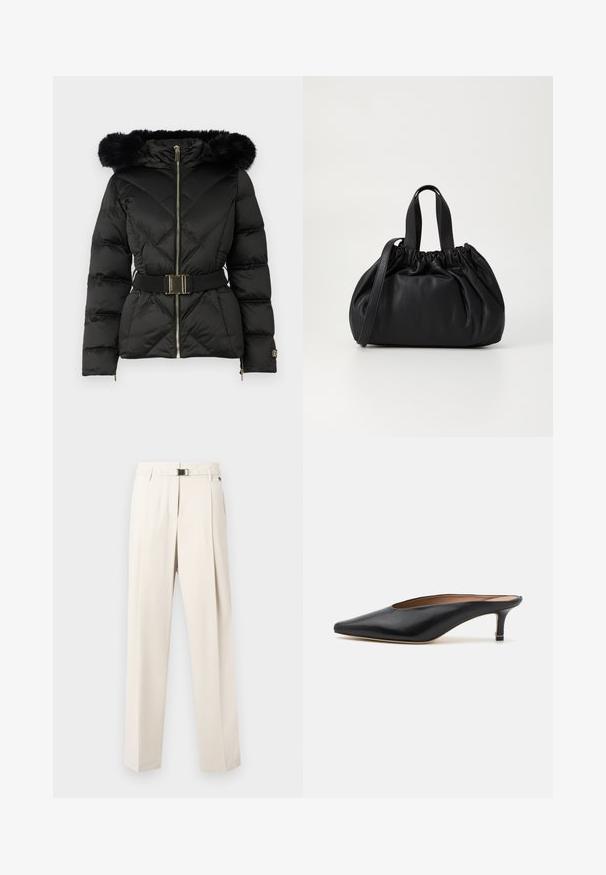 Zwarte gewatteerde pufferjack met een ritssluiting aan de voorkant, een ceintuur in de taille, een capuchon met bontafwerking en ritssluitingen op de lange mouwen.; Witte langlopende V-hals cropped shirt met een fitted design en brede manchetten, getoond tegen een effen achtergrond.; Lichtbeige broek gemaakt van een soepele stof. Kenmerkt zich door een ontspannen pasvorm, geplooide voorkant, elastische tailleband en een metalen sluiting.; Zwarte leren muiltjes met een puntige neus en een lage, blokhak. Glad oppervlak met een gestroomlijnd ontwerp. Open achterkant met minimale details.; Zwarte leren handtas met een geplooid ontwerp aan de bovenkant, voorzien van twee korte handvatten en een lange verstelbare schouderband. Gladde textuur, ronde vorm.