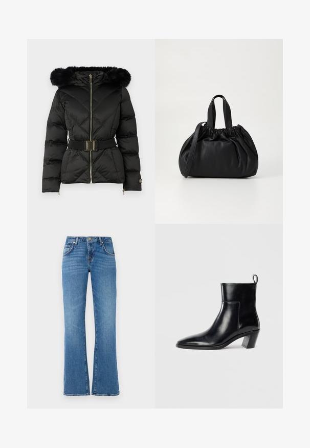 Fekete steppelt pufajka elöl cipzárral, övvel a deréknál, prémes kapucnival és cipzáros mandzsettával a hosszú ujjakon.; Fehér, hosszú ujjú, V-nyakú, cropped felső, testhezálló fazonnal és széles mandzsettával, sima háttér előtt bemutatva.; Világoskék farmernadrág, harangtompító fazonnal, öt zsebbel, gombos és cipzáras záródással, valamint diszkrét gyűrődömintázattal.; Fekete bőr bokacsizma hegyes orral, geometrikus, rétegelt sarokkal és hátsó húzófüllel. Sima textúra és kifinomult dizájn.; Fekete bőr kézitáska, összegyűrt felső dizájnnal, két rövid fülekkel és egy hosszú, állítható pánttal. Simább textúra, lekerekített forma.