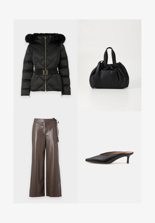 Zwarte gewatteerde pufferjack met een ritssluiting aan de voorkant, een ceintuur in de taille, een capuchon met bontafwerking en ritssluitingen op de lange mouwen.; Witte langlopende V-hals cropped shirt met een fitted design en brede manchetten, getoond tegen een effen achtergrond.; Bordeaux faux leren wijdere schoenen met hoge taille en zijstrikdetail op een witte achtergrond.; Zwarte leren muiltjes met een puntige neus en een lage, blokhak. Glad oppervlak met een gestroomlijnd ontwerp. Open achterkant met minimale details.; Zwarte leren handtas met een geplooid ontwerp aan de bovenkant, voorzien van twee korte handvatten en een lange verstelbare schouderband. Gladde textuur, ronde vorm.