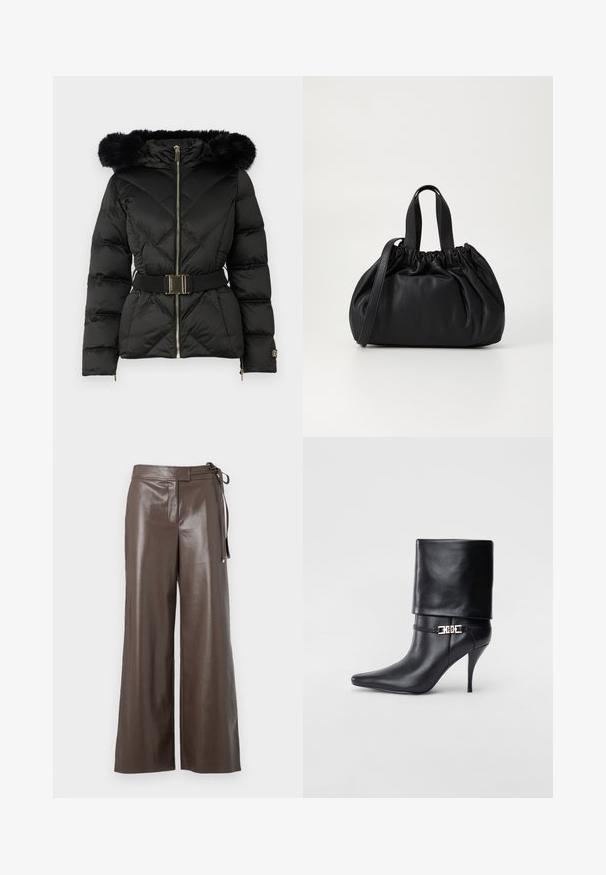 Giacca a vento nera trapuntata con zip frontale, vita con cintura, cappuccio con bordo in pelliccia e polsini con zip sulle maniche lunghe.; Maglietta cropped bianca a maniche lunghe con scollatura a V, caratterizzata da un design aderente e maniche ampie, esposta su uno sfondo neutro.; Pantaloni a gamba larga in finta pelle marrone con vita alta e dettaglio di legatura laterale su sfondo bianco.; Stivale ankle in pelle nera con punta affusolata, alto tacco a stiletto, risvolto sulla caviglia e un elegante dettaglio in oro con fibbia decorativa.; Borsa a tracolla in pelle nera con design a cima arricciata, dotata di due manici corti e di una lunga tracolla regolabile. Texture liscia, forma arrotondata.