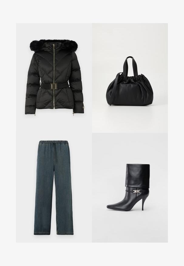 Giacca a vento nera trapuntata con zip frontale, vita con cintura, cappuccio con bordo in pelliccia e polsini con zip sulle maniche lunghe.; Maglietta cropped bianca a maniche lunghe con scollatura a V, caratterizzata da un design aderente e maniche ampie, esposta su uno sfondo neutro.; Pantaloni in denim blu scuro con vita elastica e cordoncino. Design a gamba larga con orli rifiniti e una superficie liscia e testurizzata.; Stivale ankle in pelle nera con punta affusolata, alto tacco a stiletto, risvolto sulla caviglia e un elegante dettaglio in oro con fibbia decorativa.; Borsa a tracolla in pelle nera con design a cima arricciata, dotata di due manici corti e di una lunga tracolla regolabile. Texture liscia, forma arrotondata.