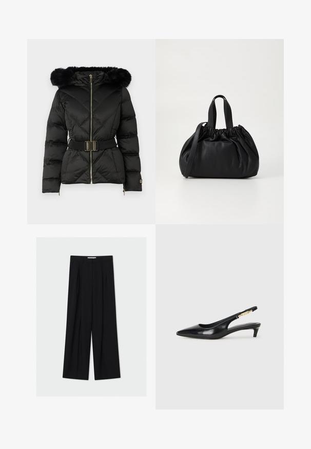 Schwarze gesteppte Daunenjacke mit Frontreißverschluss, tailliertem Gürtel, pelzbesetzter Kapuze und mit Reißverschluss versehenen Bündchen an den langen Ärmeln.; Weißes langärmliges V-Ausschnitt-Cropped-Shirt mit taillierter Passform und breiten Manschetten, präsentiert vor einem einfarbigen Hintergrund.; Schwarze weit geschnittene Hosen aus einem glatten Stoff. Mit einer hohen Taille, Falten an der Vorderseite und einem knöchellangen Schnitt. Minimalistisches Design.; Schwarze Leder-Slingback-Pumps mit spitzem Schuhblatt, ausgestattet mit einem schlanken Absatz und einem goldfarbigen Akzent am verstellbaren Riemen. Glatte Textur.; Schwarze Lederhandtasche mit einem gerafften Oberteil, ausgestattet mit zwei kurzen Griffen und einem langen verstellbaren Schulterriemen. Glatte Textur, runde Form.