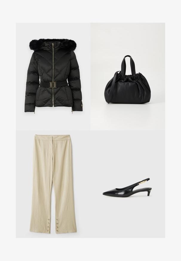 Chaqueta de plumas acolchada negra con cremallera frontal, cintura ceñida con cinturón, capucha con borde de piel y puños con cremallera en las mangas largas.; Top negro de corte holgado con un escote amplio y mangas de tres cuartos. El material parece suave y liviano con una textura lisa.; Pantalones de pierna ancha beige con una tela texturizada. Presenta una cinturilla plana y cinco botones en el dobladillo para el cierre. Diseño con plisados.; Tacones negros de piel sintética tipo slingback con punta afilada, que cuentan con un tacón delgado y un detalle en tono dorado en la correa ajustable. Textura suave.; Bolso de mano de cuero negro con un diseño de parte superior fruncida, que cuenta con dos asas cortas y una correa larga ajustable. Textura suave, forma redondeada.
