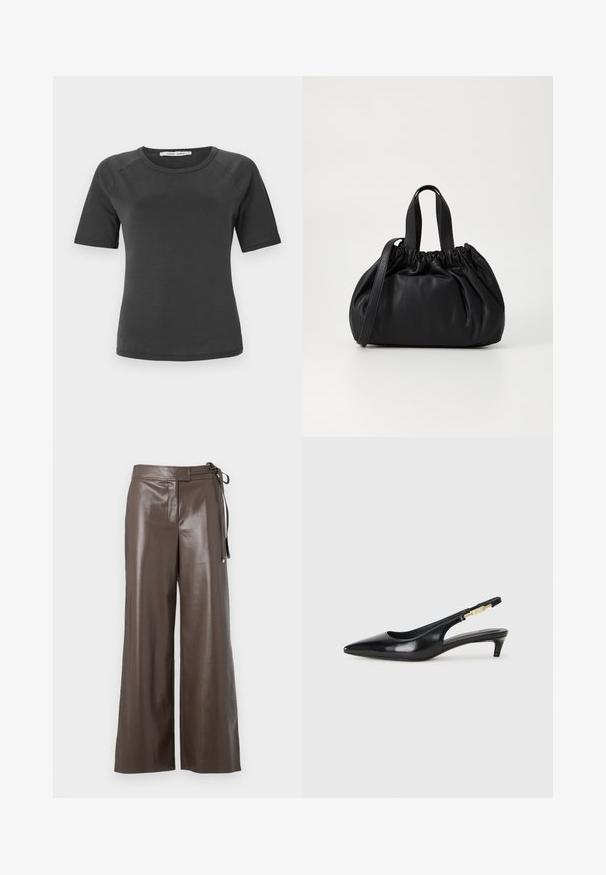 Zwarte gewatteerde pufferjack met een ritssluiting aan de voorkant, een ceintuur in de taille, een capuchon met bontafwerking en ritssluitingen op de lange mouwen.; Donkergrijze korte mouwen t-shirt met ronde hals, gemaakt van soepele stof, met raglan mouwen en een minimalistisch ontwerp.; Bordeaux faux leren wijdere schoenen met hoge taille en zijstrikdetail op een witte achtergrond.; Zwarte leren slingback hakken met een spitse neus, voorzien van een slanke hak en een goudkleurige accent op de verstelbare band. Gladde textuur.; Zwarte leren handtas met een geplooid ontwerp aan de bovenkant, voorzien van twee korte handvatten en een lange verstelbare schouderband. Gladde textuur, ronde vorm.