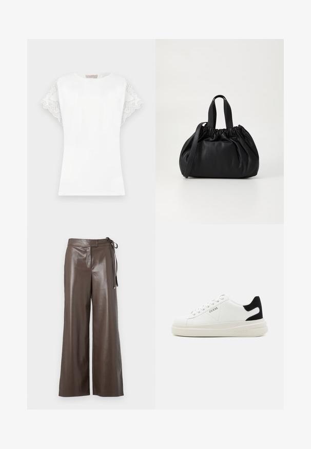 Černá prošívaná péřová bunda s předním zipem, páskem v pase, kapucí lemovanou kožešinou a zipovými manžetami na dlouhých rukávech.; Bílá tričko s krátkým rukávem, které má na rukávech jemné krajkové detaily, kulatý výstřih a přiléhavý střih.; Hnědé kalhoty širokého střihu z ekologické kůže s vysokým pasem a postranními vázacími detaily na bílém pozadí.; Bílé kožené tenisky s tlustou bílou podrážkou, černým semišovým akcentem na patě a vyraženým logem na boku. Šněrovací design se šesti očka.; Černá kožená kabelka s designem staženého vršku, která má dvě krátké ucha a dlouhý nastavitelný popruh. Hladký povrch, zaoblený tvar.