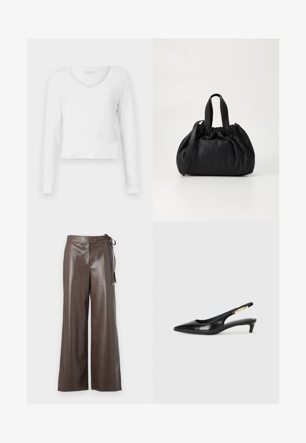 Must ruudeline puffer jakk musta, ees nupudega, vööga talje, karvadega ääristatud kapuuts ja pikadel varrukatel lukuga mansetid.; Valge pika varrukaga V-kaelusega lühike särk kitsas disainis ja laiade varrukatega, esitlemises lihtsal taustal.; Pruun faux nahast laiad püksid kõrge vöökohaga ja külje sidumisega valgel taustal.; Mustad nahast slingback kontsad terava ninaga, millel on õhuke konts ja kuldse tooni aktsent reguleeritaval rihmal. Sile tekstuur.; Mustmust mustkott mustrihmaga ülaosa disainiga, millel on kaks lühikest käepidet ja pikk reguleeritav rihm. Sile tekstuur, ümar kuju.