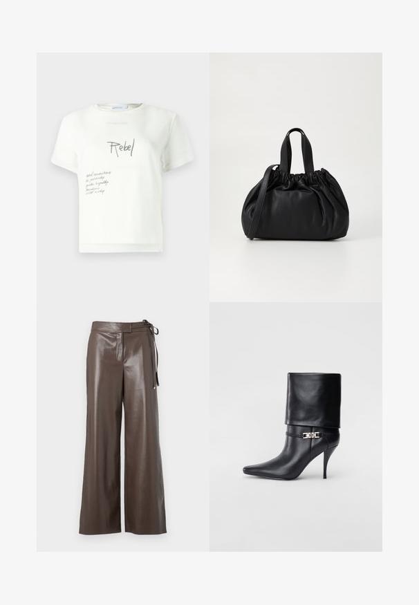 Giacca a vento nera trapuntata con zip frontale, vita con cintura, cappuccio con bordo in pelliccia e polsini con zip sulle maniche lunghe.; T-shirt bianca in cotone con collo tondo, caratterizzata da testo stampato grigio "Rebel" e scritte aggiuntive sul davanti, maniche corte e vestibilità comoda.; Pantaloni a gamba larga in finta pelle marrone con vita alta e dettaglio di legatura laterale su sfondo bianco.; Stivale ankle in pelle nera con punta affusolata, alto tacco a stiletto, risvolto sulla caviglia e un elegante dettaglio in oro con fibbia decorativa.; Borsa a tracolla in pelle nera con design a cima arricciata, dotata di due manici corti e di una lunga tracolla regolabile. Texture liscia, forma arrotondata.