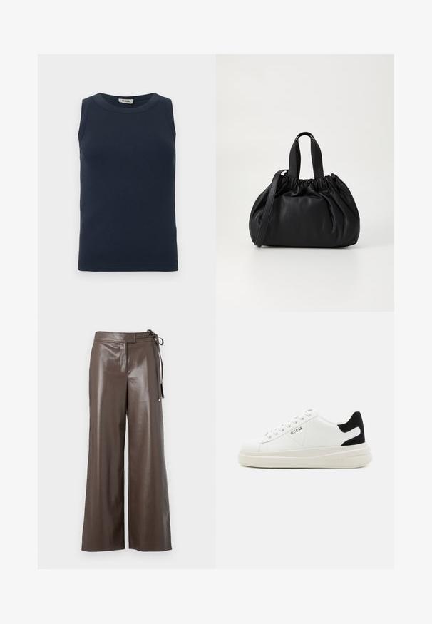 Zwarte gewatteerde pufferjack met een ritssluiting aan de voorkant, een ceintuur in de taille, een capuchon met bontafwerking en ritssluitingen op de lange mouwen.; Donkerblauw mouwloos topje gemaakt van geribbelde stof. Heeft een ronde halslijn en een aansluitend ontwerp zonder extra accenten of patronen.; Bordeaux faux leren wijdere schoenen met hoge taille en zijstrikdetail op een witte achtergrond.; Witte leren sneakers met een dikke witte zool, zwarte suède hielaccent en een geperst logo op de zijkant. Vetersluiting met zes oogjes.; Zwarte leren handtas met een geplooid ontwerp aan de bovenkant, voorzien van twee korte handvatten en een lange verstelbare schouderband. Gladde textuur, ronde vorm.