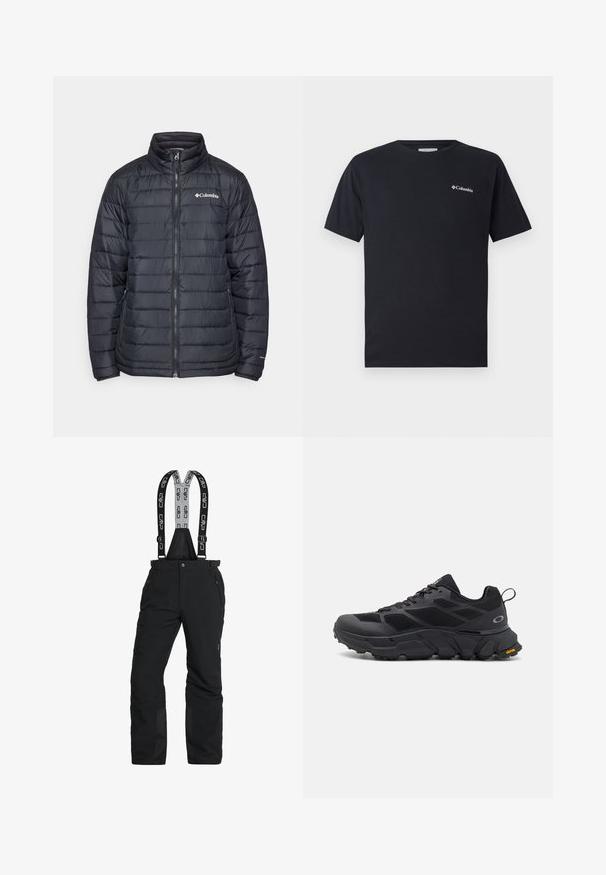 Svart dunjakke med høy krage, glidelås foran og horisontalt kviltet design. Har et Columbia-logo på venstre bryst.; Svart kortermet t-skjorte laget av bomull, med et lite hvitt Columbia-logo på venstre brystområde. Klassisk rund hals og avslappet passform.; Sorte snøbukser med justerbare seler, glidelåslommer og forsterkede ankler. Laget av vanntett materiale med en glatt tekstur.; Svarte sportssko med en kraftig såle, mesh- og syntetisk overdel, teksturerte detaljer og Vibram-merket på sålen.