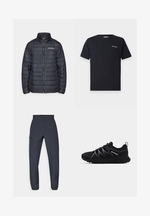 Svart dunjakke med høy krage, glidelås foran og horisontalt kviltet design. Har et Columbia-logo på venstre bryst.; Svart kortermet t-skjorte laget av bomull, med et lite hvitt Columbia-logo på venstre brystområde. Klassisk rund hals og avslappet passform.; Mørkeblå tekniske bukser laget av syntetisk materiale; har en flat linning, to frontlommer og en ekstra glidelåslomme på siden.; Svart treningsko med strukturert mesh-overdel, reflekterende detaljer, tykk gummisåle og elastiske lisser. Columbia-logoen synlig på siden.