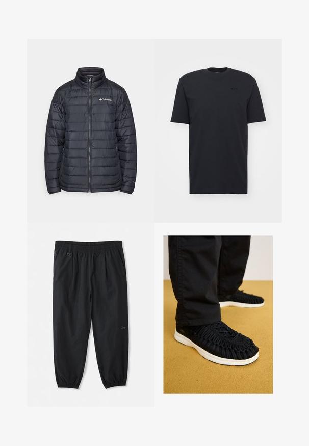 Doudoune noire avec un col haut, une fermeture éclair à l'avant et un design matelassé horizontal. Présente un logo Columbia sur la poitrine gauche.; T-shirt noir en coton à manches courtes avec col rond, featuring un logo discret sur la poitrine et une coupe décontractée.; Pantalons décontractés noirs avec taille élastique, poches latérales, poignets élastiques aux chevilles et un petit logo sur la cuisse droite.; Baskets noires avec tige en tissu tressé, bout rond et semelle blanche. Système de laçage en haut et texture détaillée sur le corps.