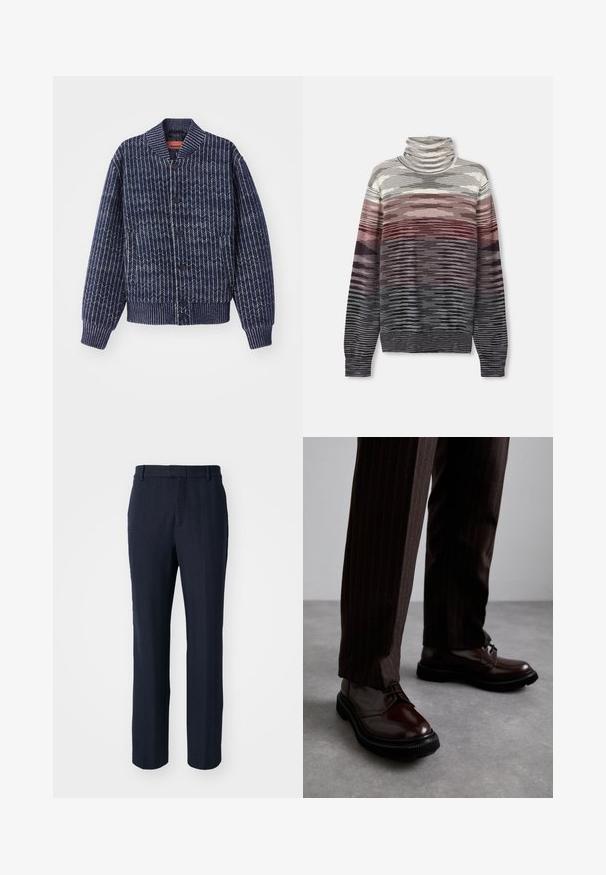 Navy blue knitted cardigan with a herringbone pattern, ribbed collar, cuffs, and hem. Features black buttons down the front.; Striped turtleneck sweater with a gradient of colors: gray, white, burgundy, and black. Soft texture, long sleeves, and ribbed cuffs.; White cotton sleeveless tank top with a round neckline, featuring a smooth texture and a fitting shape, designed for casual wear.; Navy blue pants featuring a herringbone pattern, straight leg design, belt loops, and a textured finish.; Brown leather lace-up shoes with a glossy finish, black rubber sole, and subtle stitching. Worn with pinstriped brown trousers.