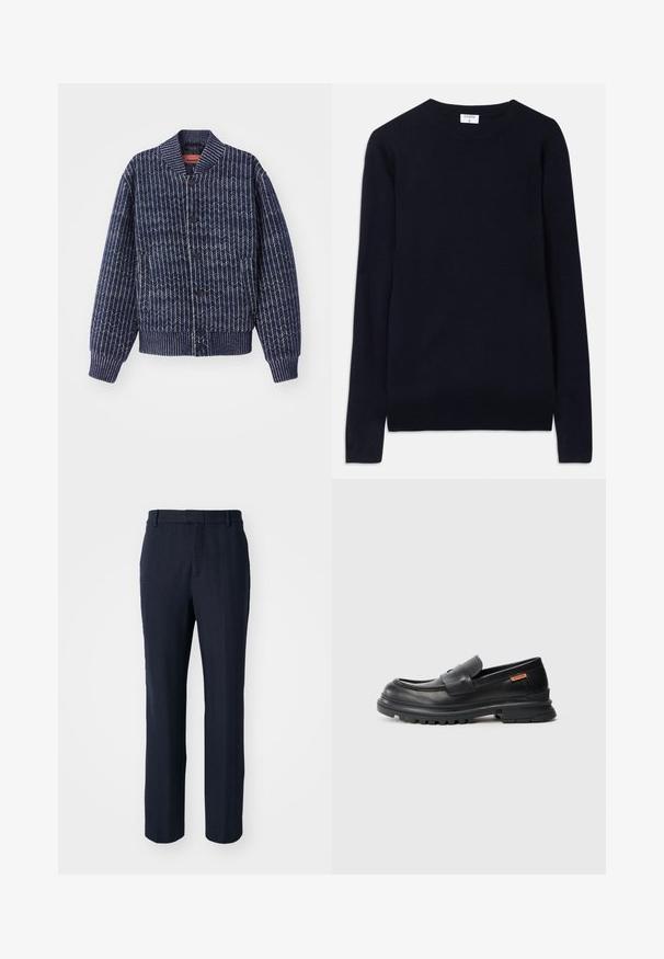Cárdigan de punto azul marino con un patrón de espiga, cuello, puños y dobladillo acanalados. Presenta botones negros en la parte delantera.; Suéter de cuello redondo de color azul marino hecho de una tela suave, con mangas largas y detalles acanalados en el collar y el dobladillo. Diseño limpio y minimalista.; Pantalones azul marino con un patrón de espiga, diseño de pierna recta, passantes para cinturón y un acabado texturizado.; Mocasines de cuero negro con punta redondeada, tacón bajo y suela de goma gruesa y texturizada. Presentan un detalle de costura y un pequeño logo en el lateral.