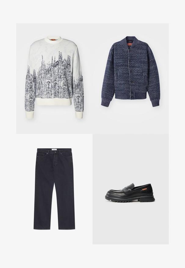 Navy blue knitted cardigan with a herringbone pattern, ribbed collar, cuffs, and hem. Features black buttons down the front.; Missoni CREWNECK - Jumper - black/white; Dark blue denim jeans with a straight-leg design, five pockets, and a classic button and zipper closure. Features contrast stitching.; Black leather loafers with a rounded toe, low heel, and thick, textured rubber sole. Features a stitched accent and a small logo on the side.