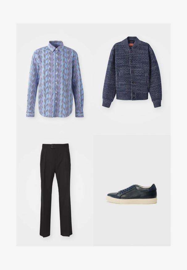 Donkerblauwe gebreide cardigan met een visgraatpatroon, geribbelde kraag, mouwen en onderrand. Voorzien van zwarte knopen aan de voorkant.; Overhemd met knopen, voorzien van een blauw en paars zigzagpatroon met verticale zwarte strepen, lange mouwen en een klassieke kraag.; Zwarte op maat gemaakte broek met een recht model, twee voorzakken en een dubbele knoopsluiting bij de taille. Glad textuur van de stof.; Marineblauwe leren sneaker met een crèmekleurige rubbersole, voorzien van blauwe veters en een gladde textuur. Ronde neus en minimalistisch ontwerp.