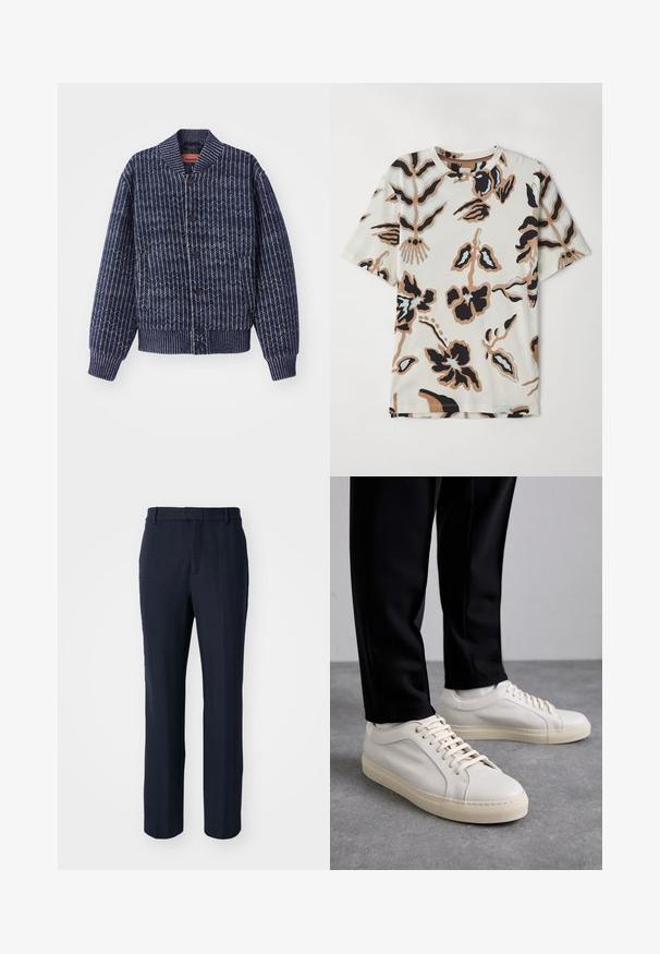 Mørkeblå strikket cardigan med et fiskebensmønster, ribbet krave, manchetter og kant. Har sorte knapper ned langs forsiden.; Kortærmet T-shirt lavet af blødt stof, med en cremefarvet baggrund og abstrakte blomster mønstre i sort, brun og lyseblå.; Mørkeblå bukser med et fiskebensmønster, lige ben-design, bæltestropper og en struktureret overflade.; Lys beige lædersneakers med flade snørebånd, en tekstureret overflade og en kontrasterende cremelilla gummisål, båret med sorte tapered bukser.