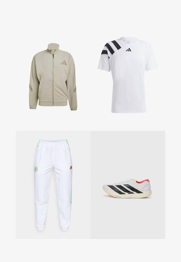Lichtbeige jas van lichtgewicht stof, met een hoge kraag, volledige rits, voorkantzakken en een subtiele detail met drie strepen logo.; Witte lichtgewicht sportshirt met zwarte strepen op de linker schouder en zwart logo op de borst. Korte mouwen, ronde halsontwerp.; Witte sportbroek met elastische tailleband, groene zijstripes en rood Adidas-logo. Heeft een ronde geborduurde patch op de dij.; Witte hardloopschoen met zwarte strepen, neon groene accenten en een rode hak. Beschikt over een lichtgewicht ontwerp en een gestructureerde zool voor grip.