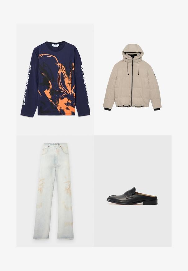 Beżowa kurtka puchowa z kapturem, z czarnym zamkiem błyskawicznym, sznurkiem ściągającym oraz czarnymi akcentami na mankietach i dole. Gładka, pikowana faktura.; Granatowa koszulka z długim rękawem, wykonana z bawełny, z pomarańczowym i czarnym abstrakcyjnym wzorem. Napis na rękawie brzmi "ŚLEDŹ KRÓLIKA".; Jasnoniebieskie dżinsy o wysokim stanie, szerokich nogawkach i drobnych przetarciach. Charakteryzują się tradycyjnym pięciopocketowym designem oraz metalowymi detalami.; Czarne skórzane buty wsuwane z okrągłym noskiem, niskim obcasem blokowym i przednim paskiem. Gładka faktura z subtelnym logo na pasku.