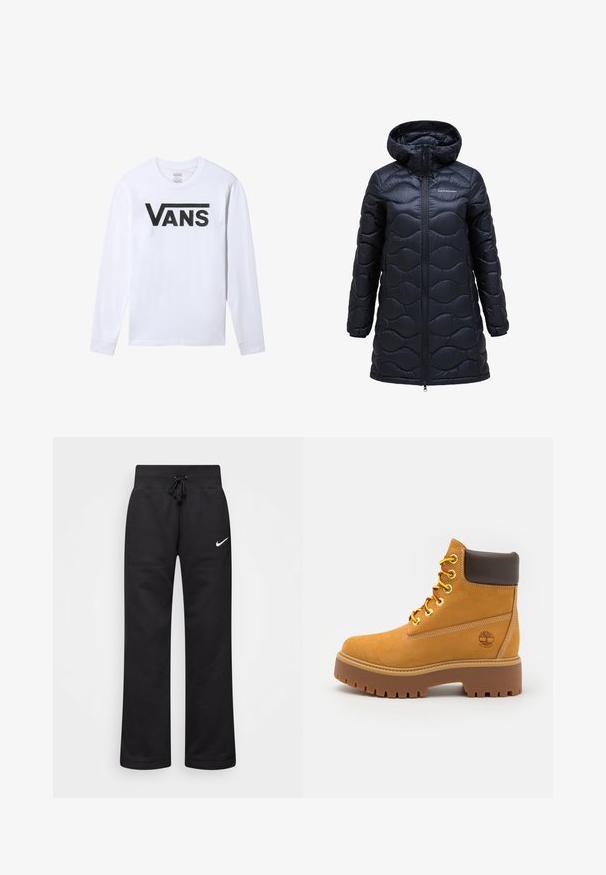 Czarna, ocieplana kurtka puchowa z kapturem, ozdobiona falistym wzorem, z zamkiem z przodu i sięgająca do kolan. Wykonana z błyszczącego, gładkiego materiału.; Biała koszulka z długim rękawem z czarnym logo Vans umieszczonym na środku klatki piersiowej, okrągły dekolt i prążkowane mankiety.; Czarne dresy wykonane z mieszanki bawełny, z elastycznym pasem ze sznurkiem, prostymi nogawkami i białym logo Nike po lewej stronie.; Karmelowy wodoodporny but za kostkę z solidną gumową podeszwą, okrągłym noskiem, brązowym skórzanym kołnierzem, żółtymi sznurówkami i logo po boku.
