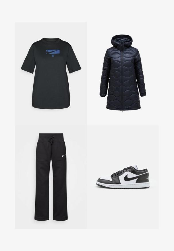 Juodas izoliuotas pūkinis paltas su gobtuvu, su banguota raštika, priekiniais užtrauktukais ir kelių ilgio dizainu. Pagamintas iš blizgaus, lygaus audinio.; Juodas medvilninis marškinėliai su trumpomis rankovėmis ir apvaliu iškirpimu. Priekyje yra mėlynas Nike logo viduryje stačiakampio grafikos.; Juodos medvilnės blend'o treninginės kelnės su raišteliu juosmens srityje, tiesiomis kojomis ir baltu Nike logotipu kairėje pusėje.; Juodos ir baltos Nike žemos sneaker'iai turi lygią odos viršūnę, apvalų pirštą, raištelių uždarymą ir raštuotą gumos pado apačią.