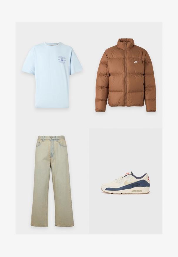 Casaco puffer castanho com gola alta, fecho frontal completo e logo branco da Nike no lado esquerdo do peito, apresentado sobre um fundo branco liso.; Camiseta de manga curta azul clara com um pequeno gráfico roxo "ONLY & SONS NOODLES" e uma tigela de noodles no peito.; Jeans de perna larga em azul claro, feitos de denim com um acabamento desbotado. Apresenta cinco bolsos e um fecho de botão na frente.; Tênis com parte superior em couro creme e camurça azul-marinho, apresentando uma sola de ar visível, solado em borracha bege e um detalhe vermelho no calcanhar.