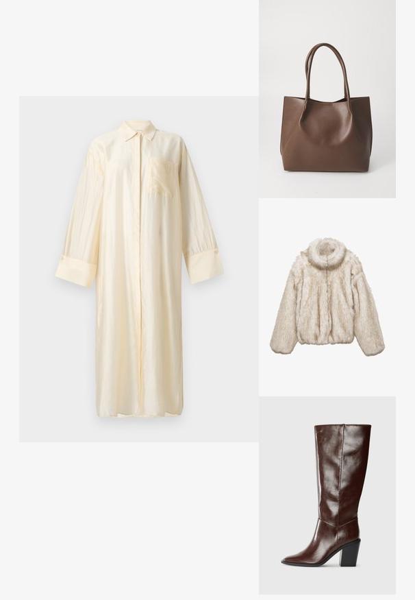 Jachetă scurtă din blană ecologică, de culoare bej. Prezintă un guler înalt, croială lejeră și material texturat, pufos. Închidere cu fermoar în partea din față.; Cămașă lungă din satin în crem deschis, având un guler, închidere cu nasturi pe față și un buzunar pe piept. Mâneci lungi cu manșete cu nasturi.; Cizme din piele maro închis, înalte, cu vârf ascuțit și toc bloc, prezentate din lateral pe un fundal simplu.; Geantă tote din piele maro, cu două mânere lungi, formă structurată, textură netedă și design minimal. Fără elemente sau accente vizibile.