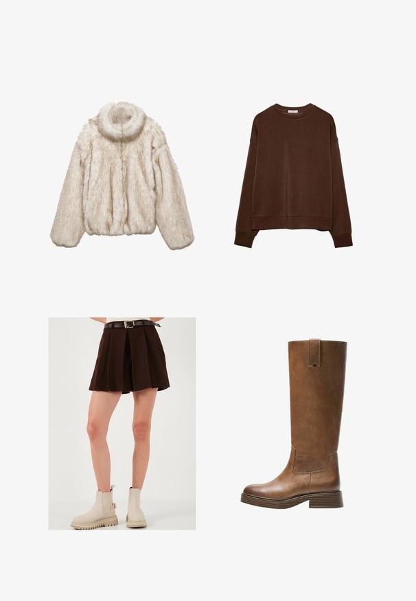 Beige-värinen lyhyt tekoturkistakki. Siinä on korkea kaulus, väljä istuvuus ja teksturoitu, pörröinen materiaali. Edessä vetoketjusuljenta.; Ruskea huppari, jossa on rento istuvuus, pyöreä kaulus ja pitkät hihat. Pehmeä kangas, jossa on ribattu hihansuut ja helma. Ei kuvioita tai yksityiskohtia.; Ruskea pleettiin hame, jossa on istuva vyötärö ja kontrastivärinen ruskea vyö, jossa on kultainen solki. Yhdistetty beigeihin nilkkakenkiin.; Kahvipronssinen polvipituinen saapas, jossa on pyöristetty kärki, teksturoitu pinta ja matala pinoheijastin. Varressa on sivupaneeli ja vetotappi ylhäällä.