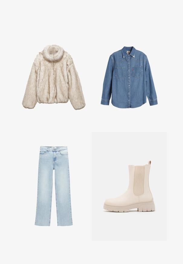 Beige-värinen lyhyt tekoturkistakki. Siinä on korkea kaulus, väljä istuvuus ja teksturoitu, pörröinen materiaali. Edessä vetoketjusuljenta.; Vaaleansininen farkkupaita pitkillä hihoilla, terävillä kauluksilla, kahdella rintataskulla ja erottuvalla ompeluajalla. Ominaisuus lännen tyylinen yoke-muotoilu.; Vaaleansiniset leveälahkeiset farkut, joissa on korkea vyötärö, viisi taskua ja nappisuljenta. sisältää minimaalista ompelu- ja yksityiskohtaisuutta.; Kreemivärvi pahkluu saapad elastsete külgpanelidega, jämedate kummitaldadega ja sileda nahataolise viimistlusega. Omab taga tõmbeauku lihtsaks selga panemiseks.