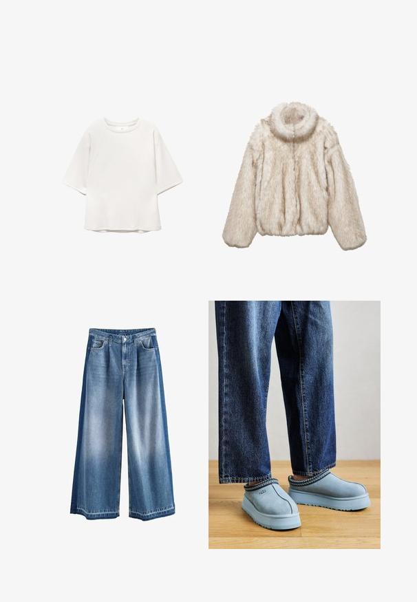 Beige-värinen lyhyt tekoturkistakki. Siinä on korkea kaulus, väljä istuvuus ja teksturoitu, pörröinen materiaali. Edessä vetoketjusuljenta.; Valkoinen lyhythihainen pyöreäkauluksinen paita raglan-hihoilla ja huomaamattomilla sauman yksityiskohdilla edessä ja olkapäillä, asetettuna tasaisesti valkoiselle taustalle.; Leve paret denimhousut vaaleansinisestä keskitummaiseen siniseen, joissa on haalistunut pesu, perinteiset taskut ja nappisuljenta. Kestävä puuvillamateriaali.; Siniset mokkanahkaiset UGG-läppäjalanjalkineet, joissa on paksut pohjat, käytetään sinisten farkkujen kanssa puulattialla yksinkertaisen taustan edessä.