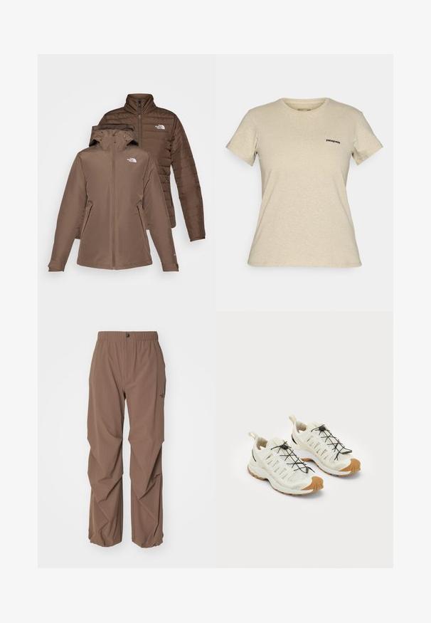 Zwei braune Jacken übereinander gestapelt; eine mit Kapuze und Reißverschluss, die andere gepolstert mit Steppung. Beide haben Logos auf der Brust und Reißverschlusstaschen.; Beige Patagonia Kurzarm-Shirt mit Rundhalsausschnitt und kleinem schwarzen Logo auf der linken Brust, auf einem schlichten Hintergrund präsentiert.; The North Face PANT - Stoffhose - smokey brown; Leichte, cremefarbene Sportschuhe mit Obermaterial aus Mesh, schwarzen elastischen Schnürsenkeln und braunen Gummisohlenelementen für Grip und Langlebigkeit.
