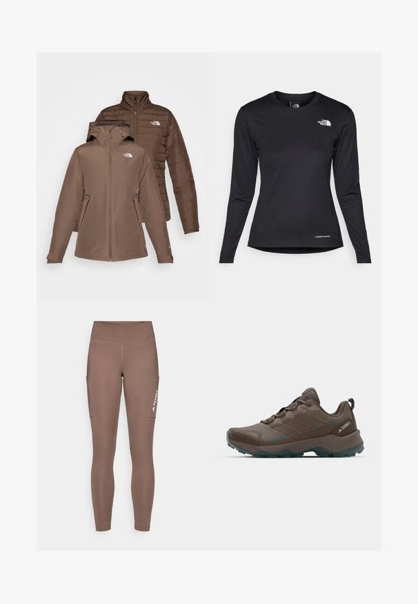 Dvoje hnedých búnd na seba poskladaných; jedna s kapucňou a zipsom vpredu, druhá je nadýchaná s prešívaním. Obe majú logá na hrudi a zipsové vrecká.; The North Face SHADOW LONG SLEEVE - Top s dlhým rukávom - black; Hnedé športové legíny s vysokým pásom, ktoré majú bočné vrecká a biele logo. Hladká, elastická tkanina pre pohodlie a pohyblivosť.; Sivé a tyrkysové turistické topánky s mriežkovanými panelmi, textúrovaným zvrškom a odolnou gumovou podrážkou. Obsahujú polstrovaný jazyk a šnurovací dizajn.