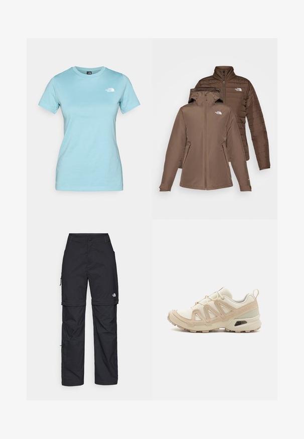 Divas brūnas jakas sakrautas viena virs otras; viena no tām ar kapuci un rāvējslēdzēju priekšā, otra ir pūkaina ar izšuvumiem. Abām ir uzšūti logo uz krūškurvja un rāvējslēdzējs kabatās.; Gaiši zils kokvilnas T-krekls ar īsām piedurknēm un apļa kakla izgriezumu; priekšā kreisajā krūtīs ir neliels balts logo.; Melni nailona bikses ar noņemamām kājām, regulējamiem uzmavām, vairākām kabatām un logotipu uz labās kājas. Gluda, viegla tekstūra.; Beige un krēma sporta apavi ar strukturētu tīkla virsmu, atbalstošajiem slāņiem un gumijas zoli ar protektoru rakstu, kas nodrošina saķeri.