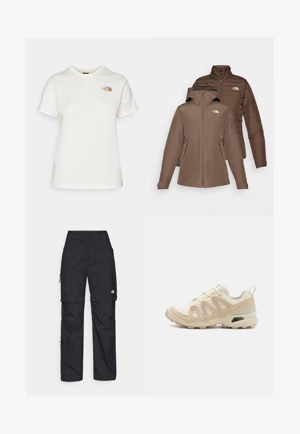 Duos rudos švarkai sukrauti; vienas su kapu ir užtrauktuku priekyje, kitas pūkuotas su siuvinėjimu. Abu turi logotipus ant krūtinės ir užtraukiamas kišenes.; Medvilninis marškinėliai off-white spalvos, su trumpomis rankovėmis. Kairėje krūtinės pusėje yra rudo spalvos "The North Face" logotipas. Klasikinio apvalaus iškirpimo dizainas.; Juodos nailoninės krovinių kelnės su reguliuojamais rankovėmis, daugybe kišenių ir logo ant dešinės kojos. Lygi, lengva tekstūra.; Bežinės ir kreminės spalvos sportinės bateliai su tekstūruoto tinklelio viršutine dalimi, palaikančiomis detalėmis ir guminiais padais, turinčiais raštą, užtikrinantį sukibimą.