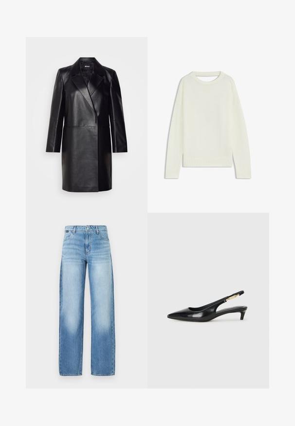 Black leather blazer with a notched collar, single button closure, and long sleeves. Features smooth texture and tailored fit.; Light cream sweater featuring a round neck, long sleeves, ribbed hem, and a soft texture. No patterns or visible hardware details.; Light blue wide-leg jeans made of denim, featuring a high waist, five-pocket design, and slight fading for a casual look.; Black leather slingback heels with a pointed toe, featuring a slim heel and a gold-tone accent on the adjustable strap. Smooth texture.